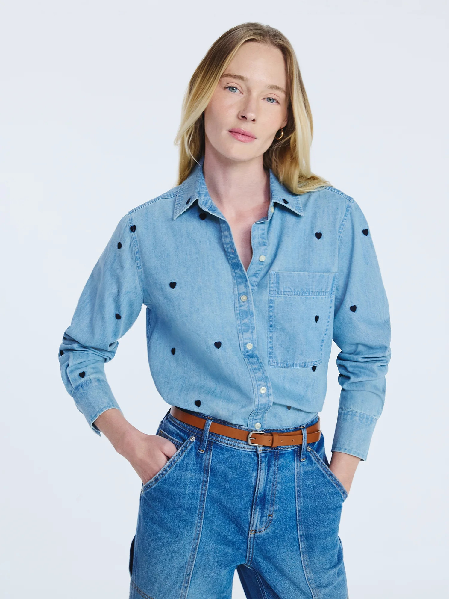 Free Assembly Women's and Women’s Plus Embroidered Hearts Denim Shirt with Long Sleeves, Sizes ... | Walmart (US)