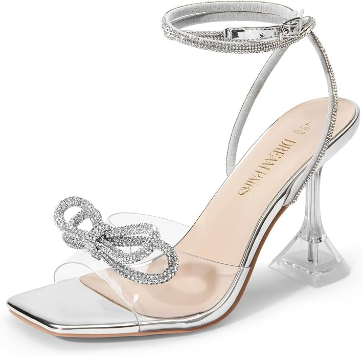 DREAM PAIRS Stiletto Bow Heels for Women Strappy Sparkly Rhinestone Square Toe Clear Crystal High... | Amazon (US)