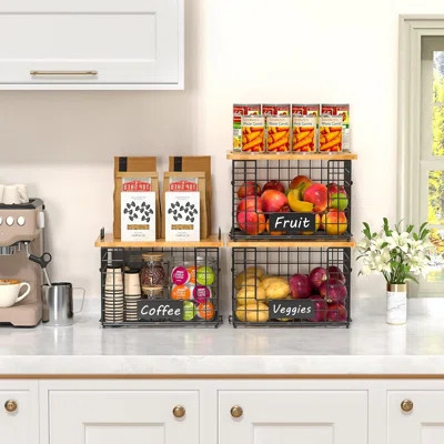 2 Set Stackable Wire Baskets With Bamboo Top Pantry Organizers And Storage, Kitchen Organization Counter Storage Bins For Potato,Onion,Fruit,Vegetabl | Wayfair North America