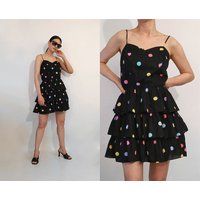 Rainbow Polka Dot Ruffled Cotton Dress/Vintage 1980S Black Pastel Dots Tiered Mini Frills Multi-Colo | Etsy (US)