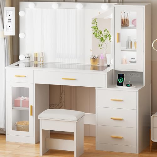BEWISHOME 49.2" Large Vanity Desk with Mirror and Lights,White Makeup Vanity Table with Glass Top,Stool,Makeup Desk with Power Outlet,5 Drawers,Nightstand,Dressing Table for Bedroom Women FST34W | Amazon (US)