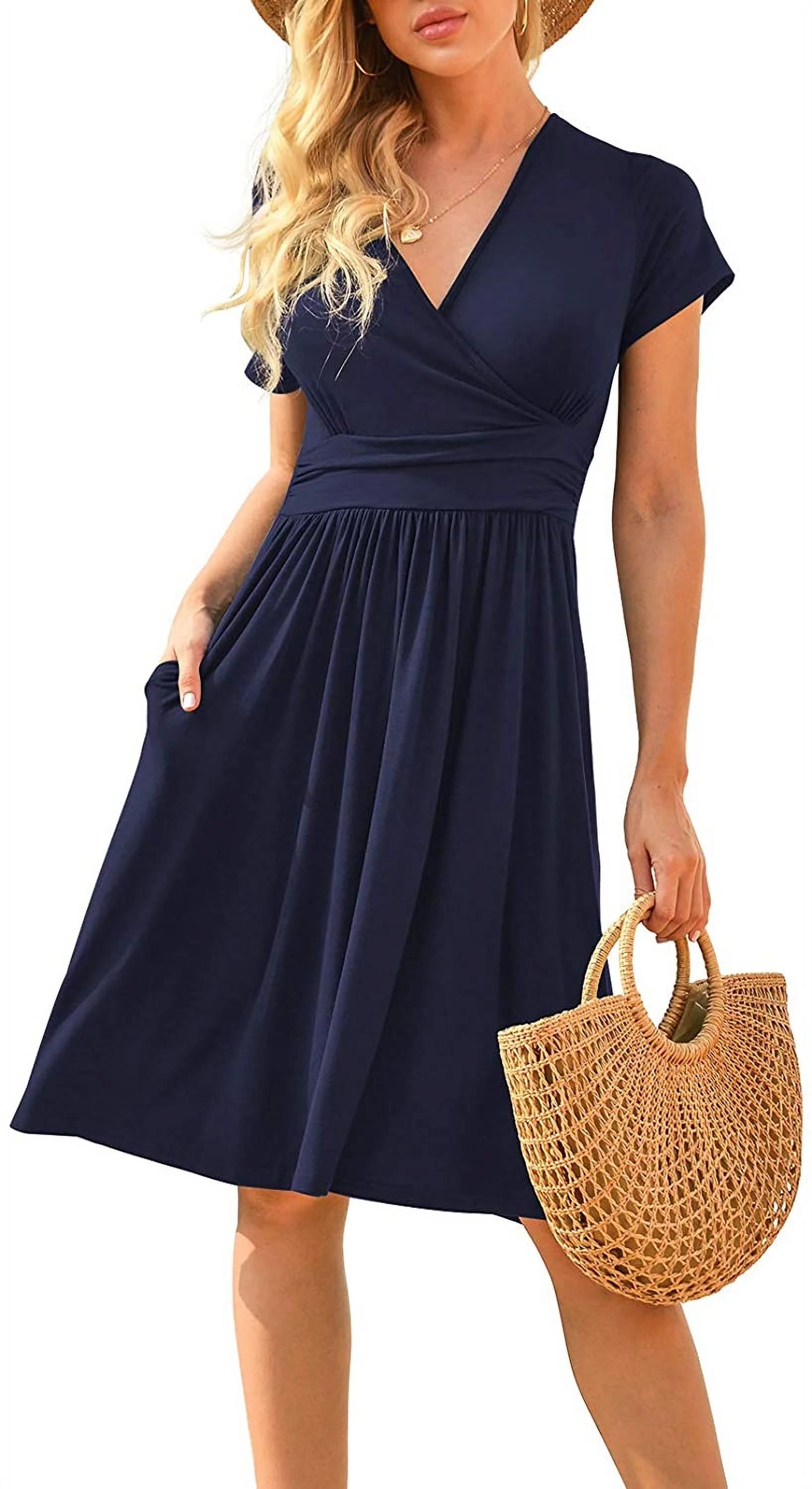 POPYOUNG Women's Summer Casual Short Sleeve V-Neck Short Party Dress with Pockets Navy Blue S | Walmart (US)