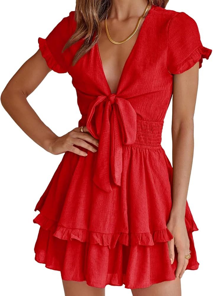 PRETTYGARDEN Women's 2023 Summer Swing Mini Dress Tie Front V Neck Short Sleeve Ruffle Layer A-Line  | Amazon (US)