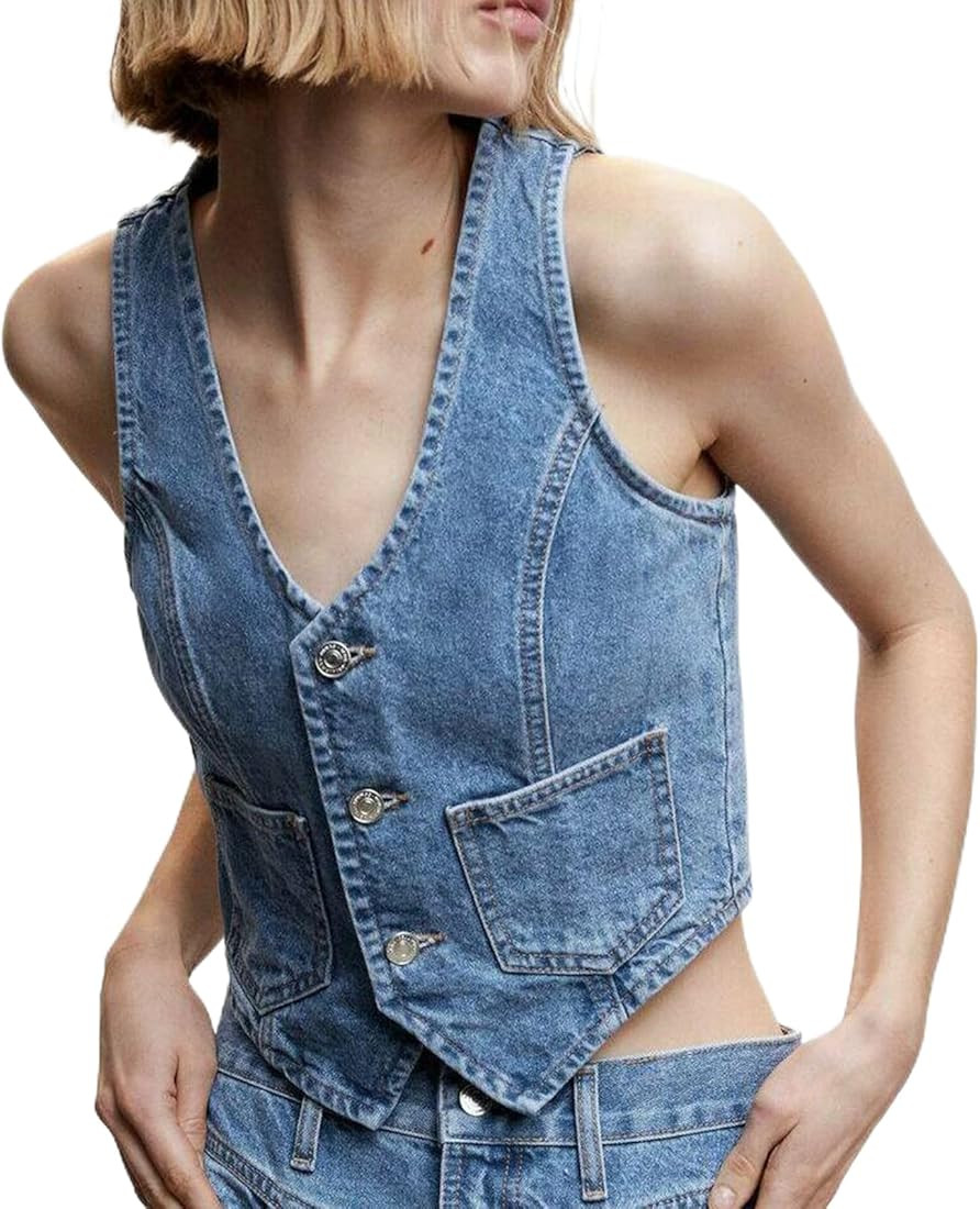 HOXIJIA Women Vintage Y2K Denim Vest Sleeveless V Neck Button Down Cropped Jean Waistcoat Vest Re... | Amazon (US)