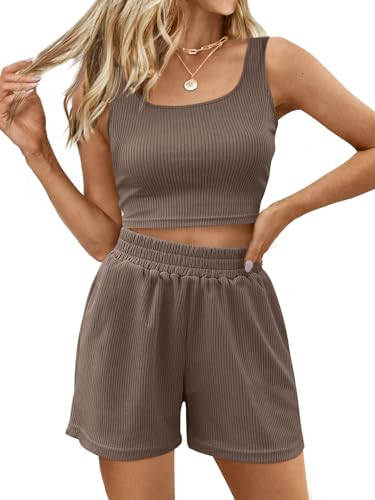Trendy Queen Two Piece Summer Outfits 2 Piece Sets 2026 Sleeveless Matching Lounge Crop Top High Waisted Short Coffeegrey M | Amazon (US)