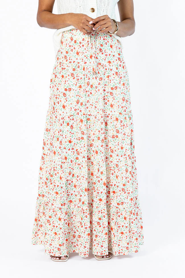 Sunlit Blossoms Ivory and Red Floral Maxi Skirt | Pink Lily