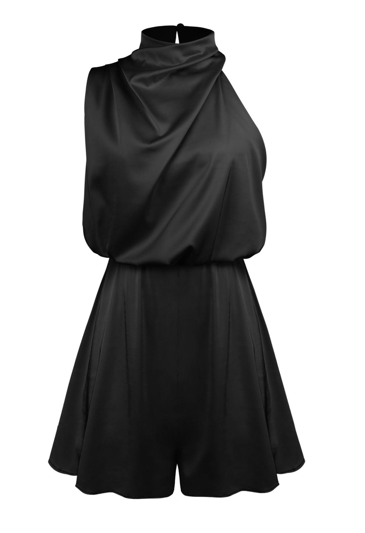 Satin Asymmetric Ruched Neckline Sleeveless Playsuit in Black | Chicwish