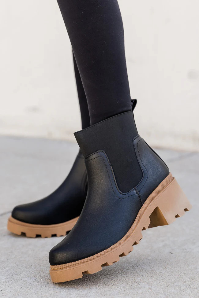 Carli Crinkle PU Pull On Black Platform Booties | Pink Lily