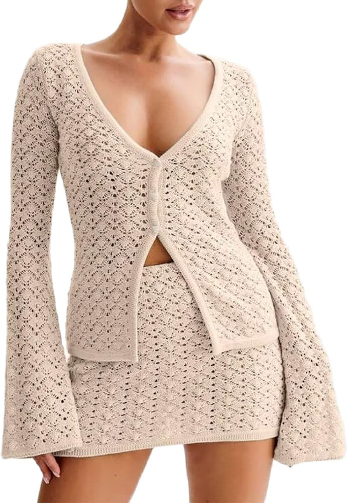 Women Crochet 2 Piece Outfits Set Swimwear Cover Up Flared Long Sleeve Button Down Tops Beach Min... | Amazon (US)