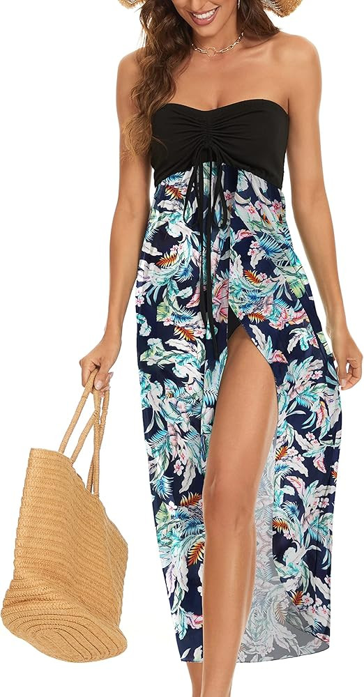 Women's Beach Dress Summer Maxi Sundress Strapless Hawaiian Cover Ups Asymmetrical Wrap Dresses | Amazon (US)
