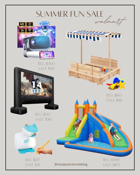 Summer toys, Walmart summer finds, sandbox, summer sale, outdoor movie projector and screen, water slide 

#LTKSeasonal #LTKFamily #LTKSaleAlert