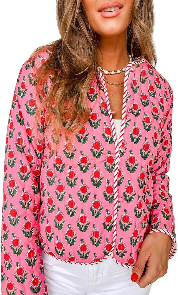 Womens Floral Jacket Quilted Lightweight Patched Coat Open Front Button Down Long Sleeve Boho Swe... | Amazon (US)