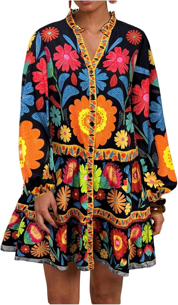 SOLY HUX Women's Floral Print Summer Short Dresses Boho Beach Long Sleeve Button Down Flowy Smock... | Amazon (US)