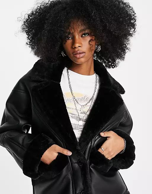 Topshop faux shearling oversized car jacket in black | ASOS (Global)