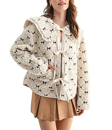 All in Favor Peter Pan Sherpa Bow Embroidered Tie Front Jacket - XS | Dillard's
