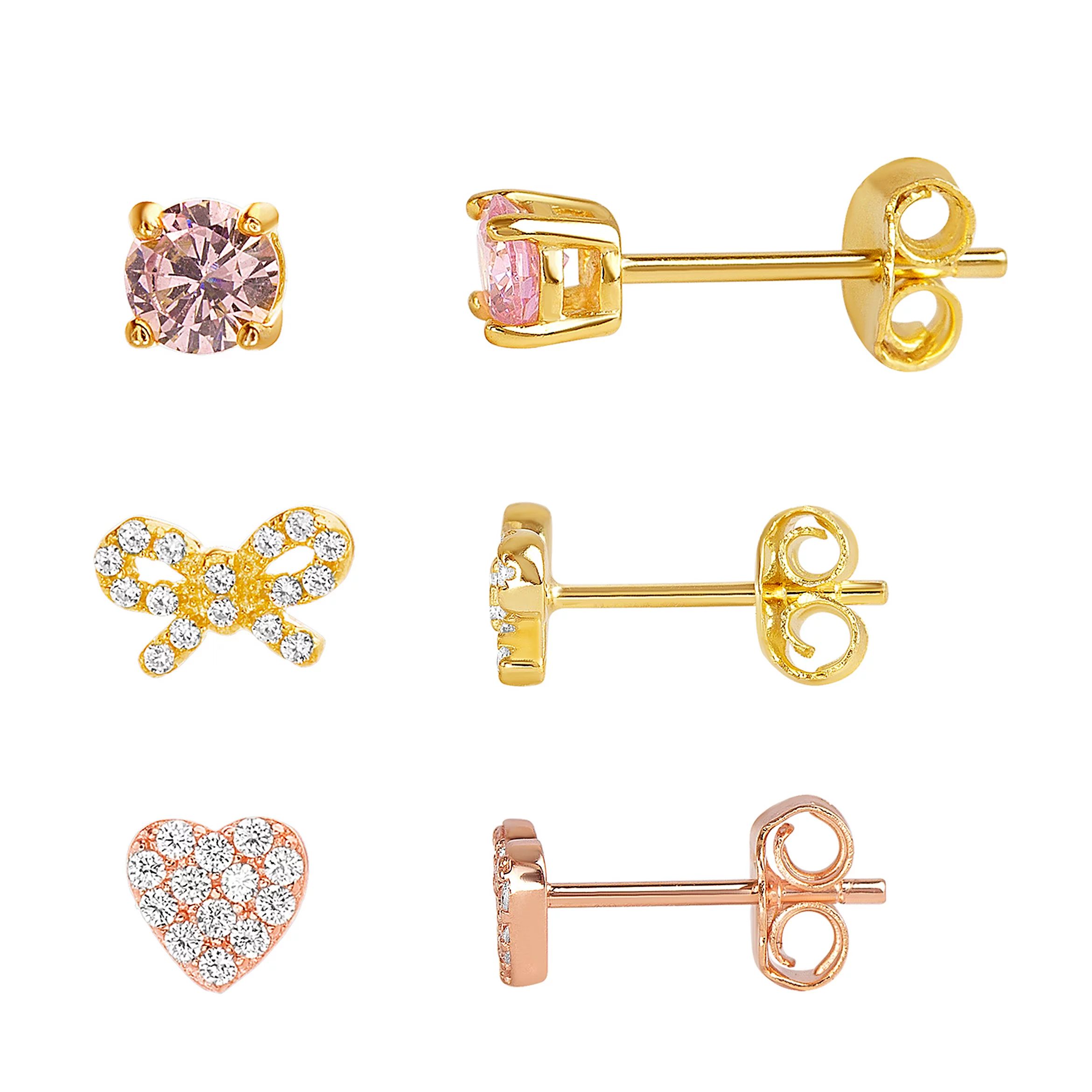 petite cheris 3 Pair Bow, Heart & Cubic Zirconia Stud Earring Set | Kohl's