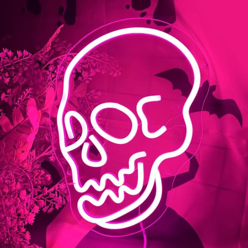 Halloween Skull Neon Sign for Halloween Decoration, Skull Neon Light LED Pink Light Sign for Bedroom Halloween Skeleton Hand Neon Sign for Beer Bar Club Man Cave Club | Amazon (US)