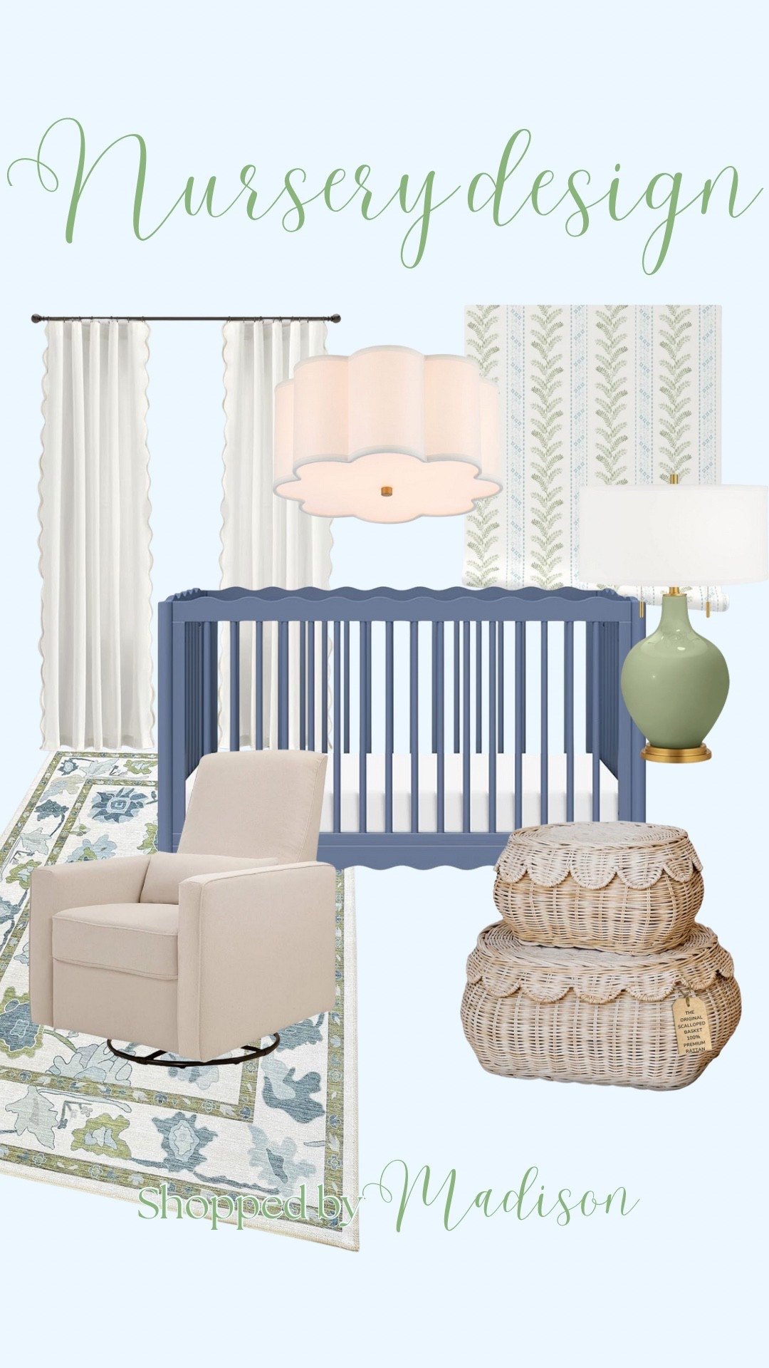 Nursery design, boys room nursery, blue and green nursery, boy nursery decor, grand millennial nursery, scallop nursery decor, blue crib

#LTKHome #LTKBaby #LTKBump