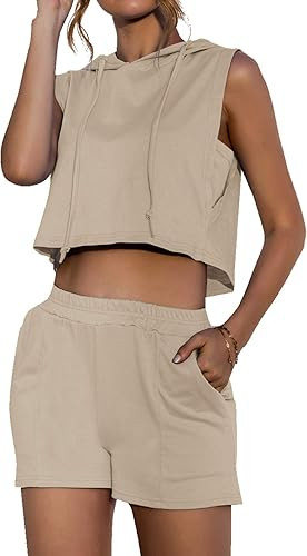 LYANER Women's 2 Piece Tracksuit Sleeveless Hoodies Crop Tank Top and Shorts Set Outfits | Amazon (US)