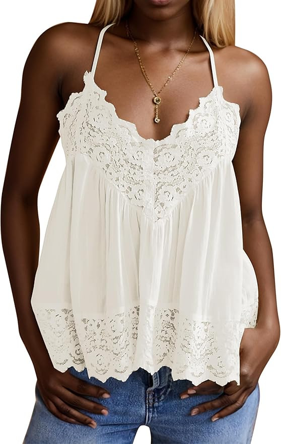 Women Adjustable Spaghetti Straps Lace Camisole Tops Scalloped Hem Racerback Tank Top Sleeveless ... | Amazon (US)