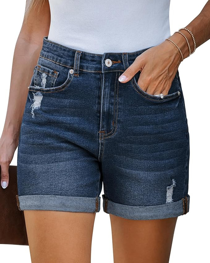 LookbookStore Jean Shorts Womens Stretchy High Waisted Ripped Denim Shorts with Pockets Trendy Di... | Amazon (US)