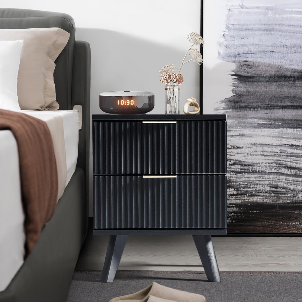 Black Nightstand, Mid Century Modern Nightstand with 2 Drawers, Bedroom Nightstand, Bed Side Tabl... | Amazon (US)