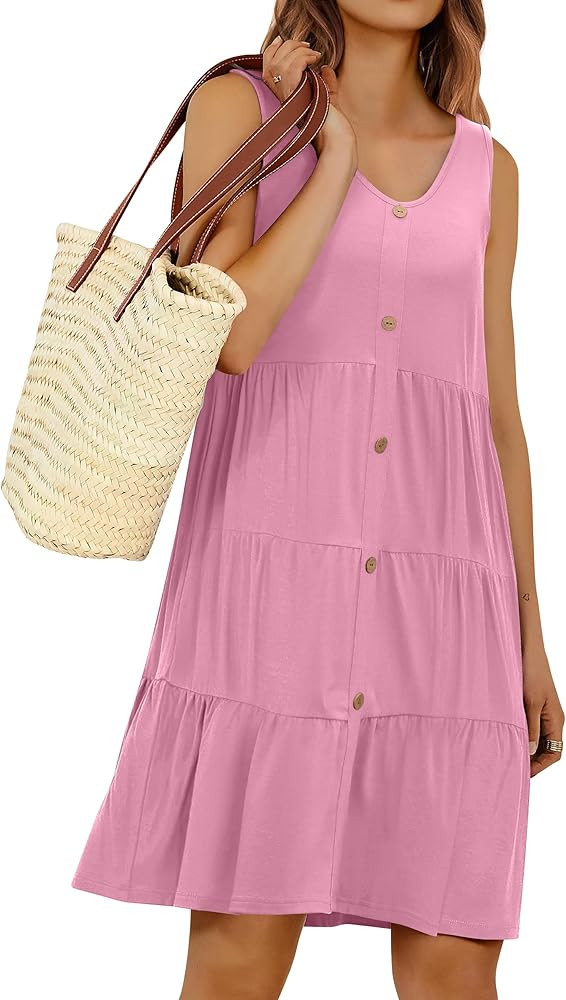 ANRABESS Women's Summer Casual Sleeveless V Neck Button Down A Line Loose Swing Short Dress with ... | Amazon (US)