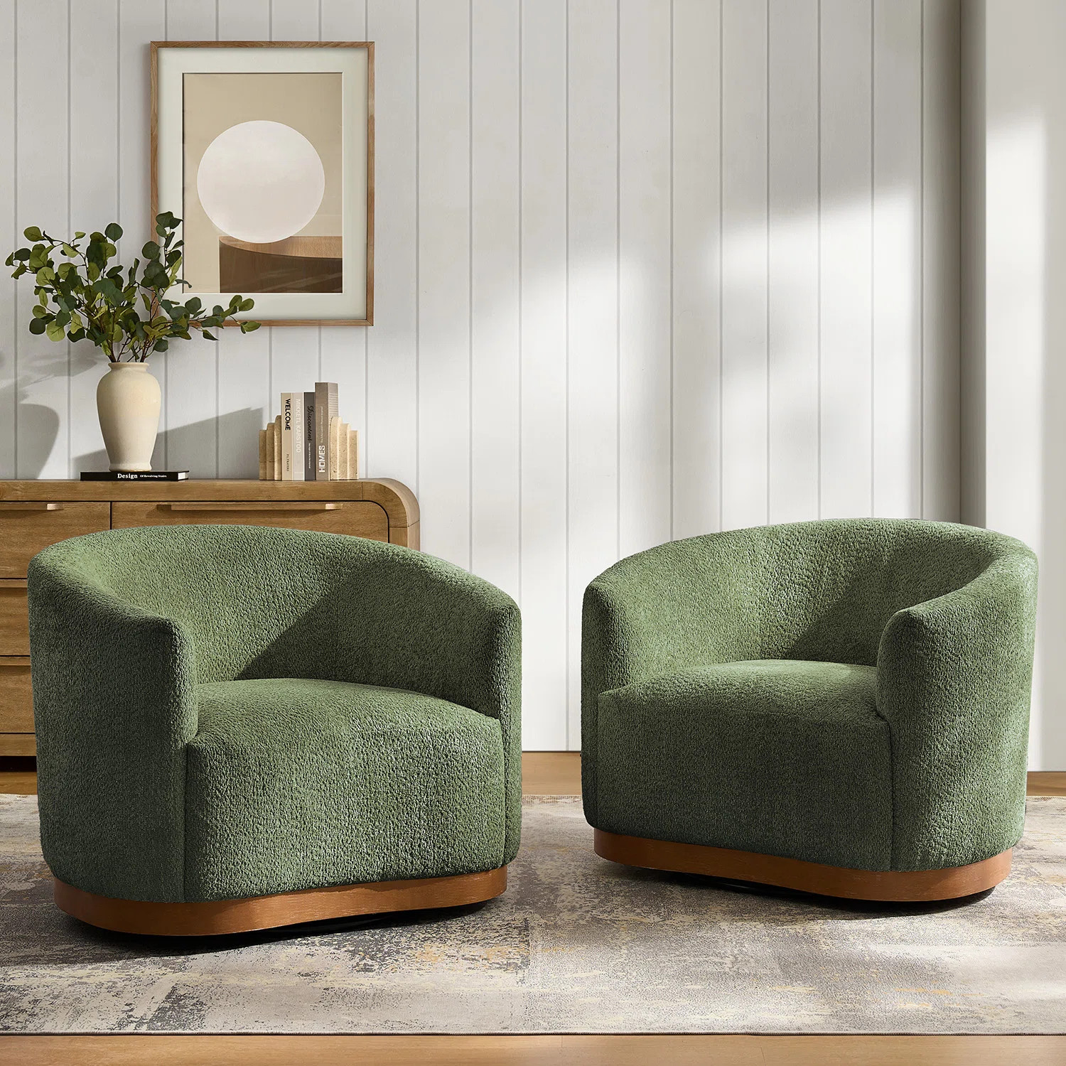 Berklie Modern Boucle Chenille Swivel Barrel Armchair with Ergonomic Backrest and Solid Wood Legs Set Of 2 | Wayfair North America