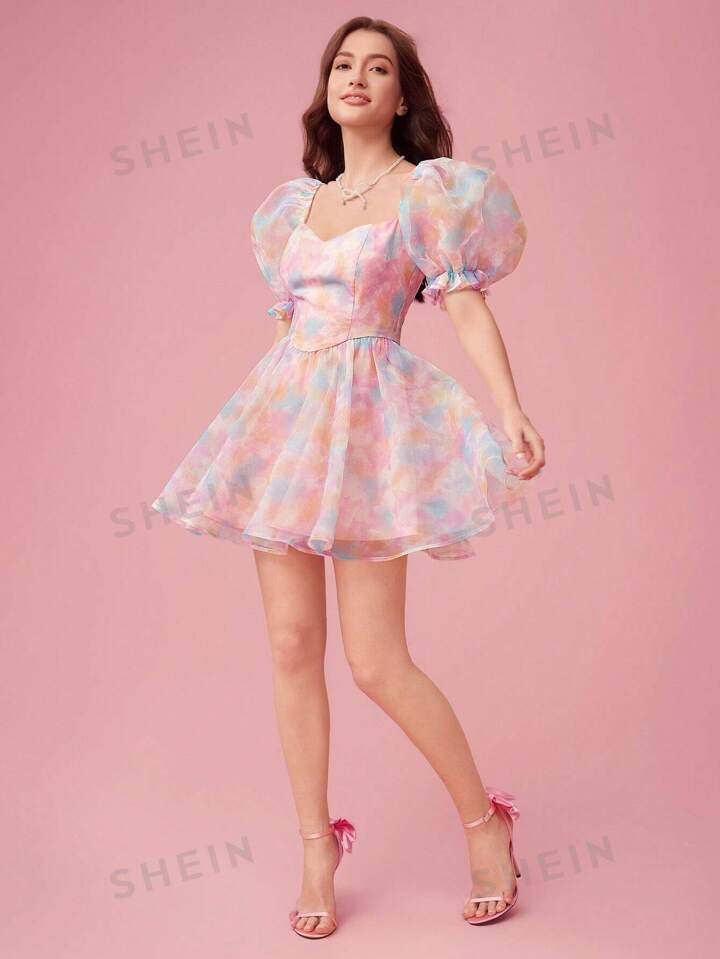 Enchnt Sweetheart Neckline Colorful Tie-Dye Bubble Sleeve Summer Concert Dress | SHEIN