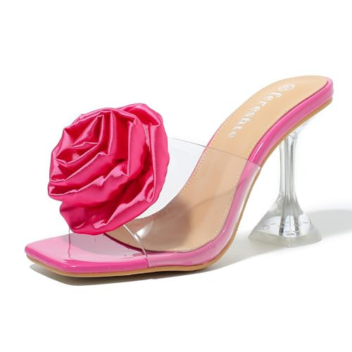 fereshte Women's Clear Heeled Mules with Rose Flower Embellishment, Square Toe Slip On Sandals Hot Pink 36 - US 5.5 | Amazon (US)