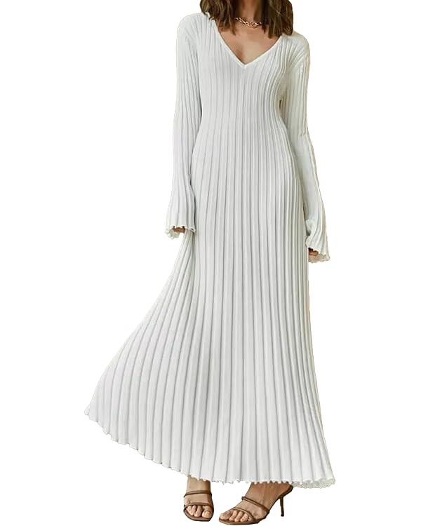 ECDAHICC Women's Sexy Ribbed Knit Sweater Dress Casual Long Sleeve V Neck Bodycon Pleated A Line ... | Amazon (US)