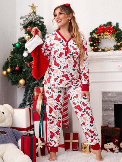 Plus Allover Christmas Print PJ Set | SHEIN