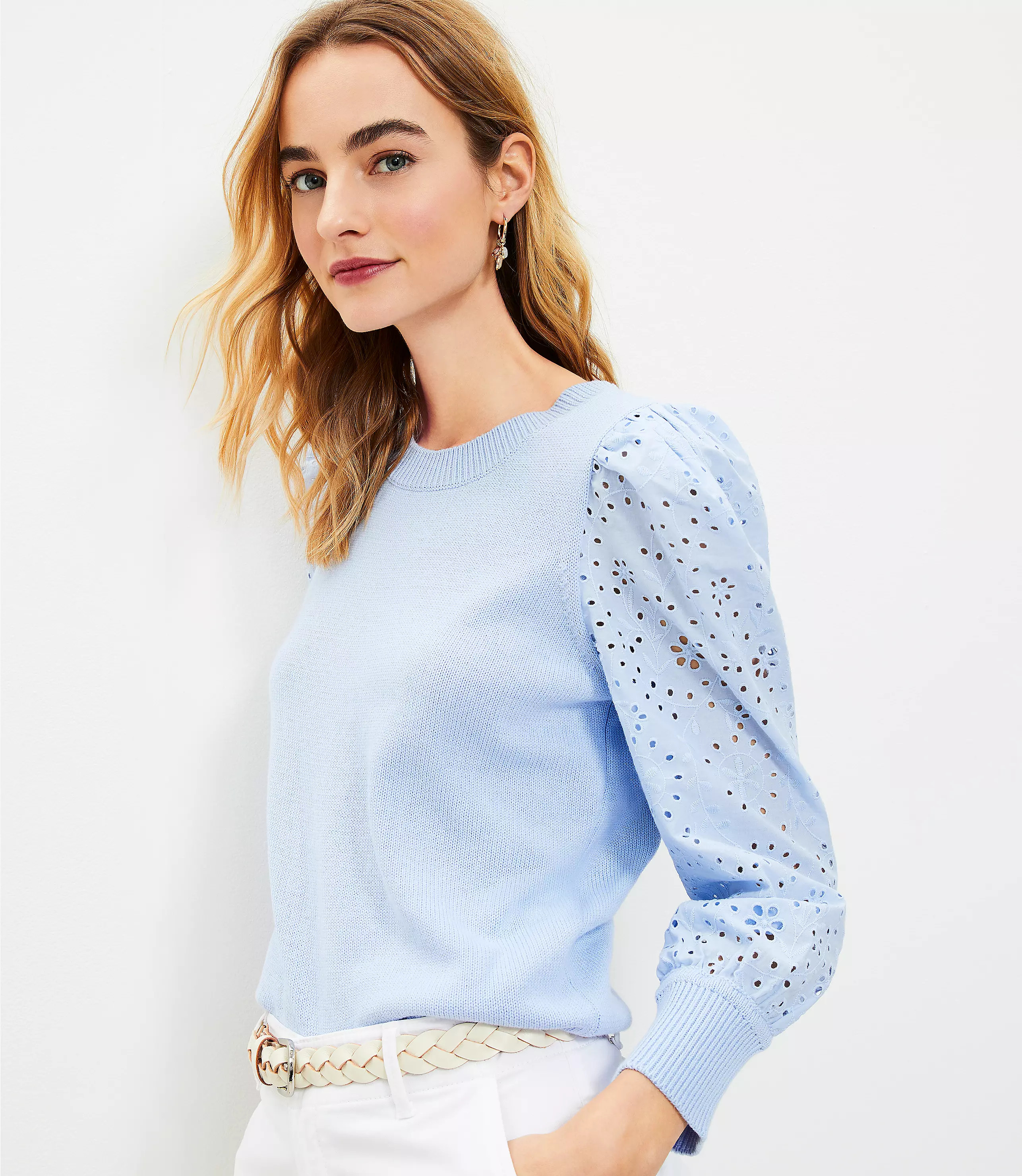 Eyelet Sleeve Mixed Media Sweater | LOFT