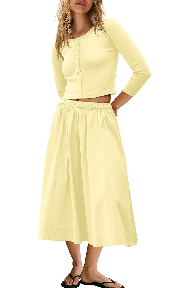 Panadila Womens 2 Piece Lounge Sets Matching Vacation Outfits Ribbed Button Down Cardigan and Ela... | Amazon (US)