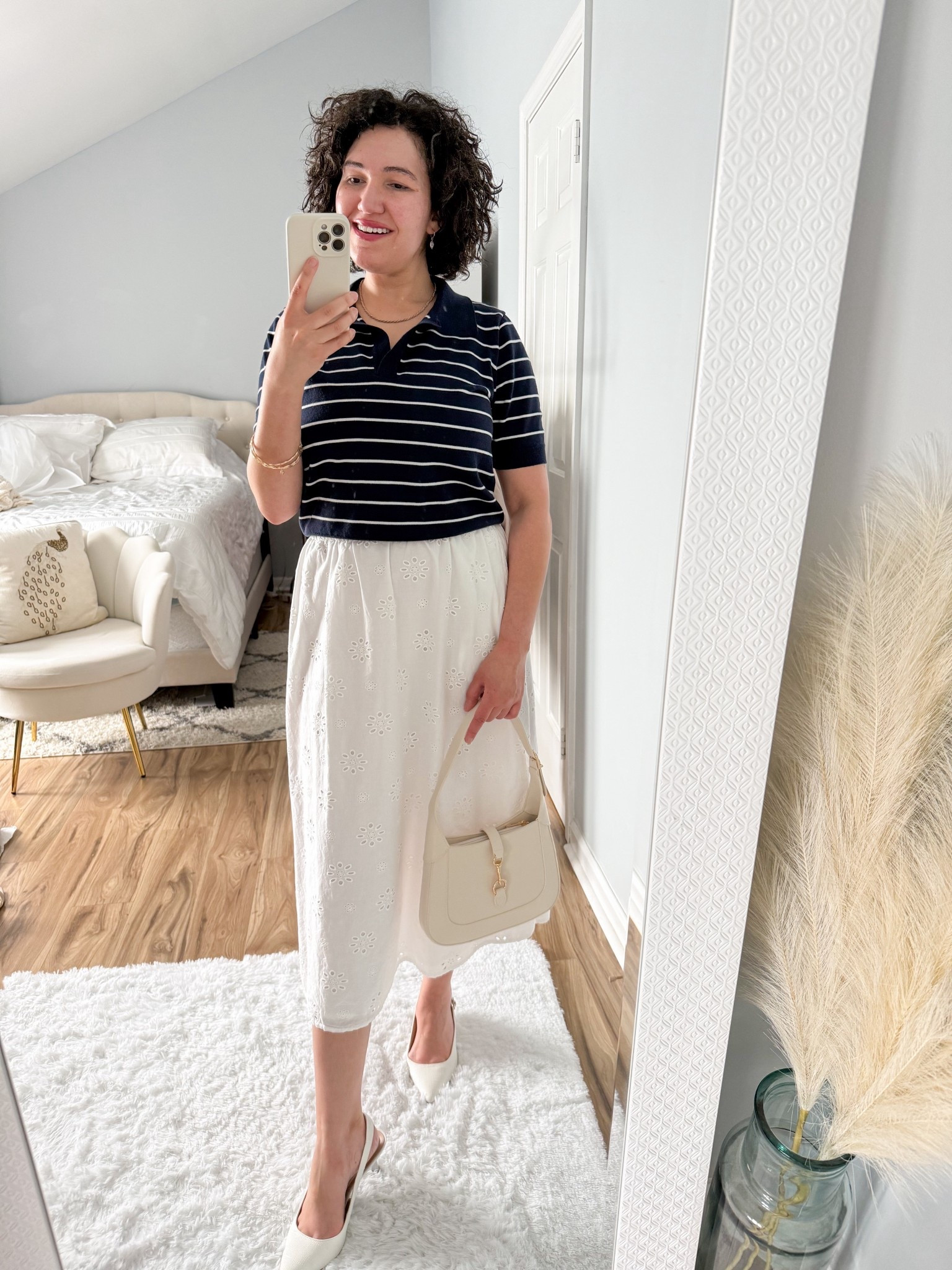 Spring outfit, white skirt, striped top, polo shirt 

#LTKootd #LTKOver40