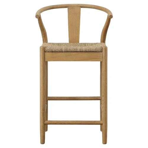 Zhuri Coastal Beach Light Brown Oak Wood Frame Woven Seat Wishbone Counter Stool | Kathy Kuo Home