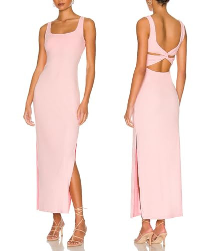 ALENDA DANMOS Women's Elegant Backless Maxi Dress Sexy High Sides Slit Tank Dress Twist Back Casual Sundress 72122(Medium,Pink) | Amazon (US)