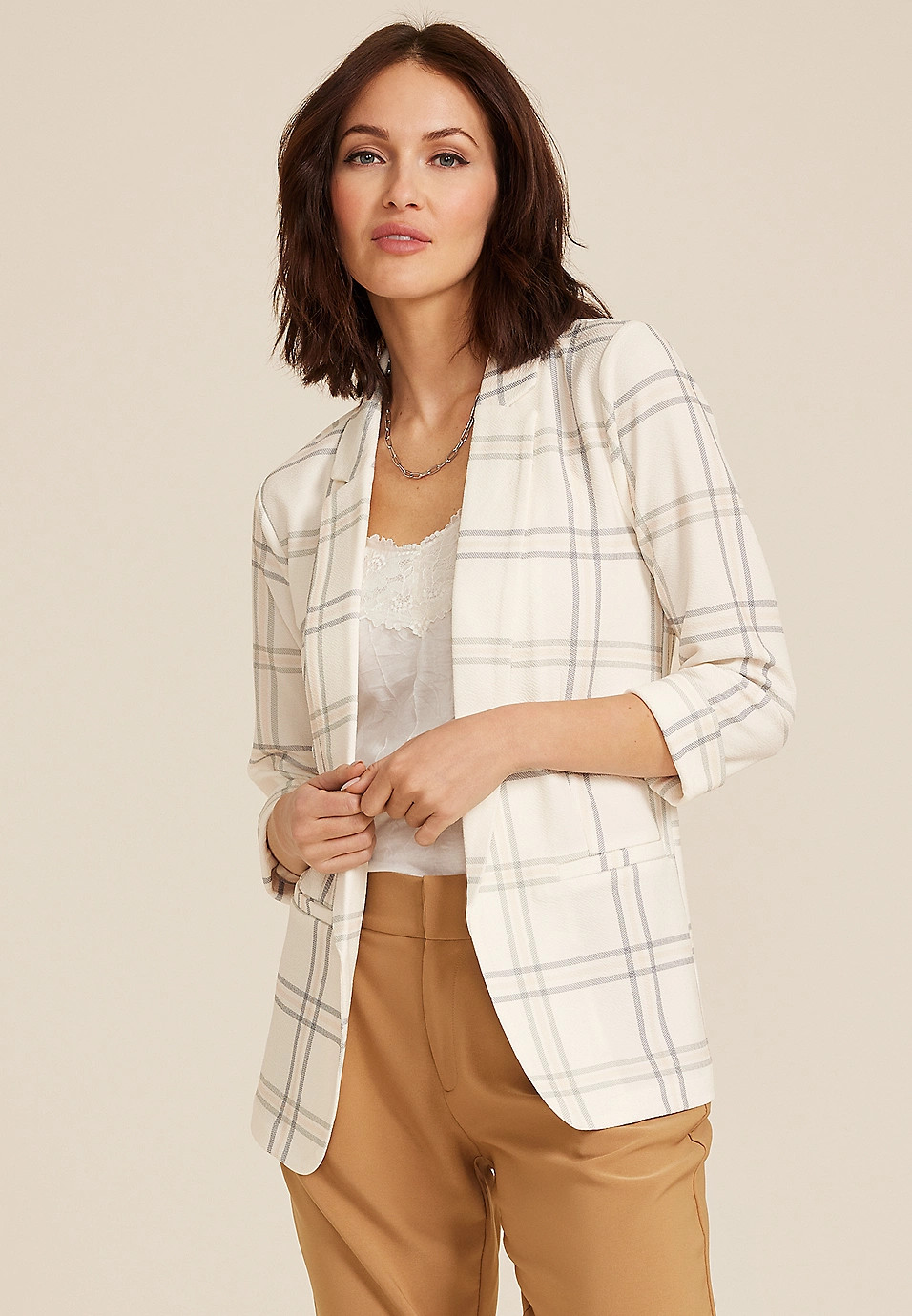 Windowpane Plaid Versa Open Front Blazer | Maurices