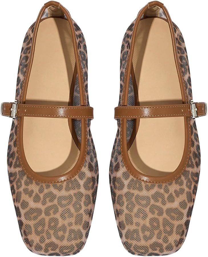 Milumia Women's Leopard Print Mesh Bellet Flats Mary Jane Square Closed Toe Flat Shoes | Amazon (US)