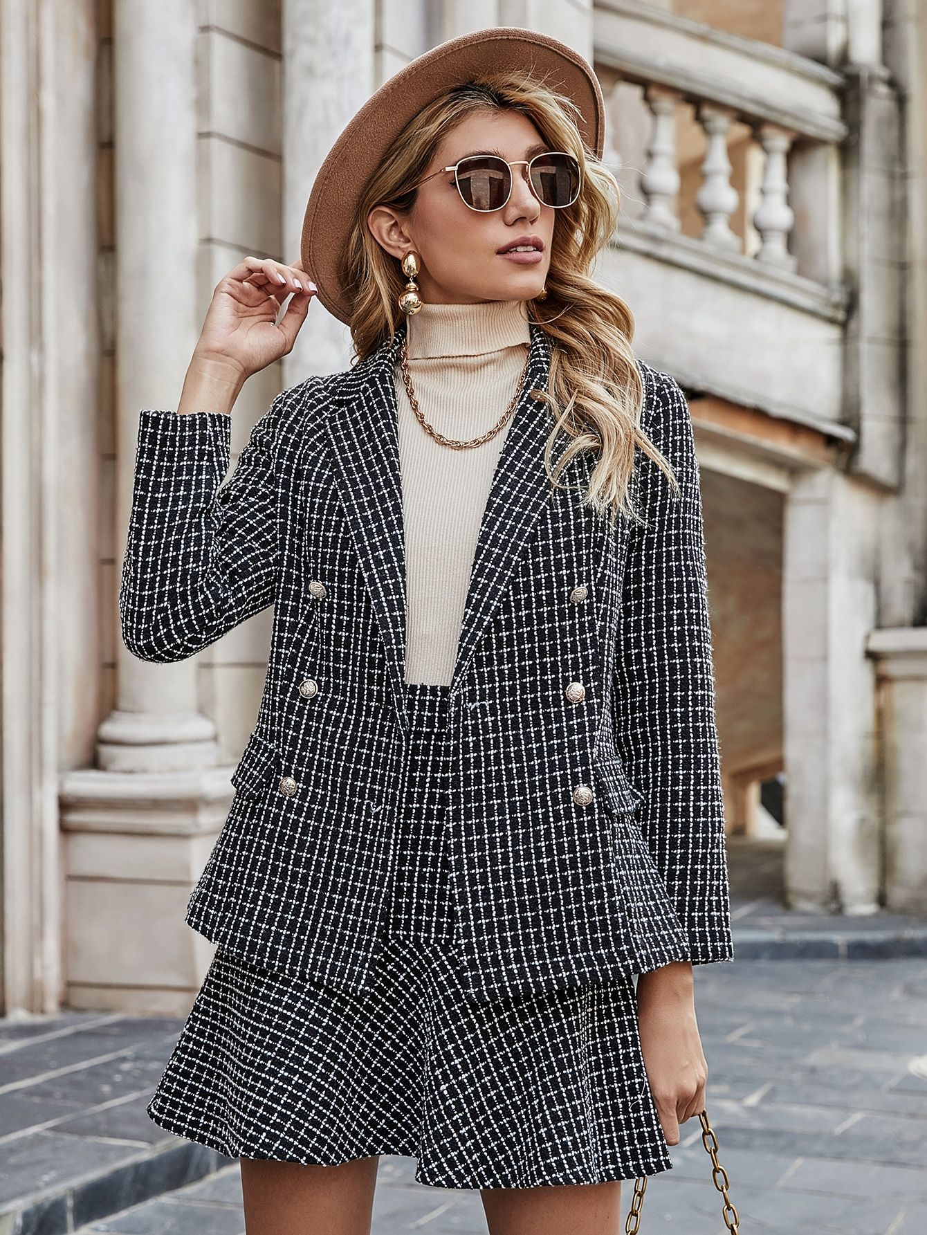 Double Button Front Plaid Tweed Blazer & Skirt Set | SHEIN
