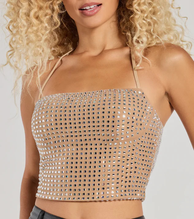 Party Mood Rhinestone Mesh Crop Top | Windsor Stores