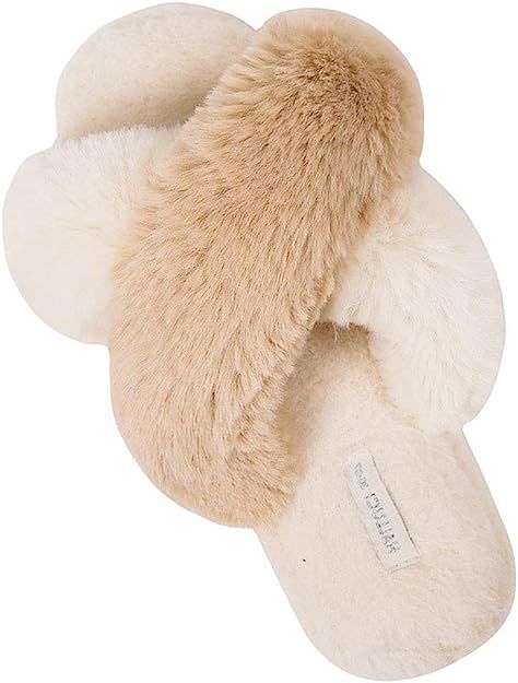 HALLUCI Women's Cross Band Soft Plush Fleece House Indoor or Outdoor Slippers | Amazon (US)