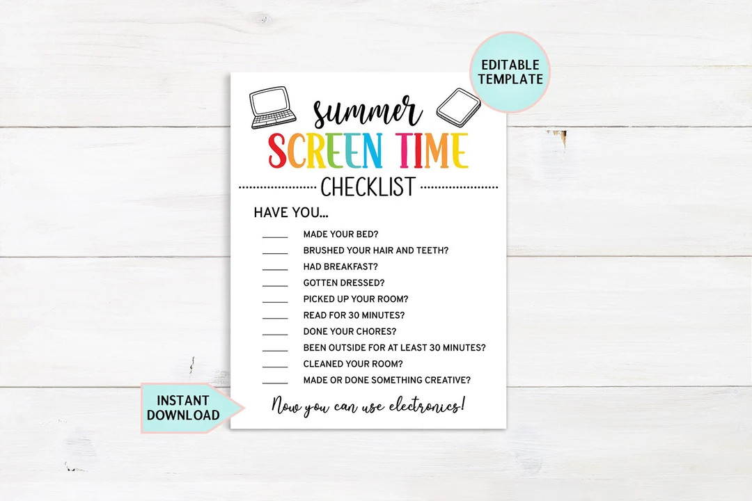 Editable Summer Screen Time Rules for Kids, Summer Planner, Printable Screen Time Chore Chart, Da... | Etsy (US)
