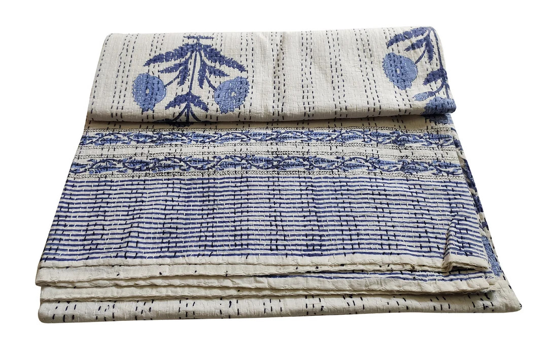 Beautiful Floral Print Kantha Quilt Indian Hand Block Print Kantha Quilt Reversible Cotton Beddin... | Etsy (US)