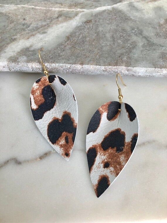 Leopard Print and Creamy Ivory Leather Leaf Pinched Petal Statement Earrings | Etsy (US)