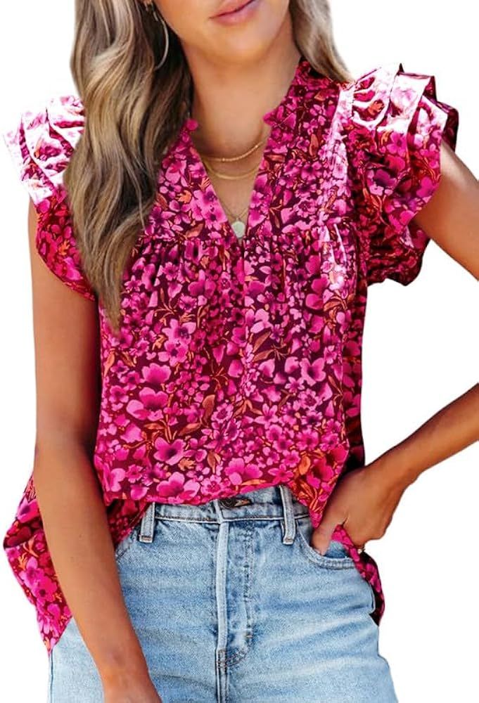 SHEWIN Women's Casual Boho Floral V Neck Ruffle Short Sleeve Loose Blouses Tops | Amazon (US)