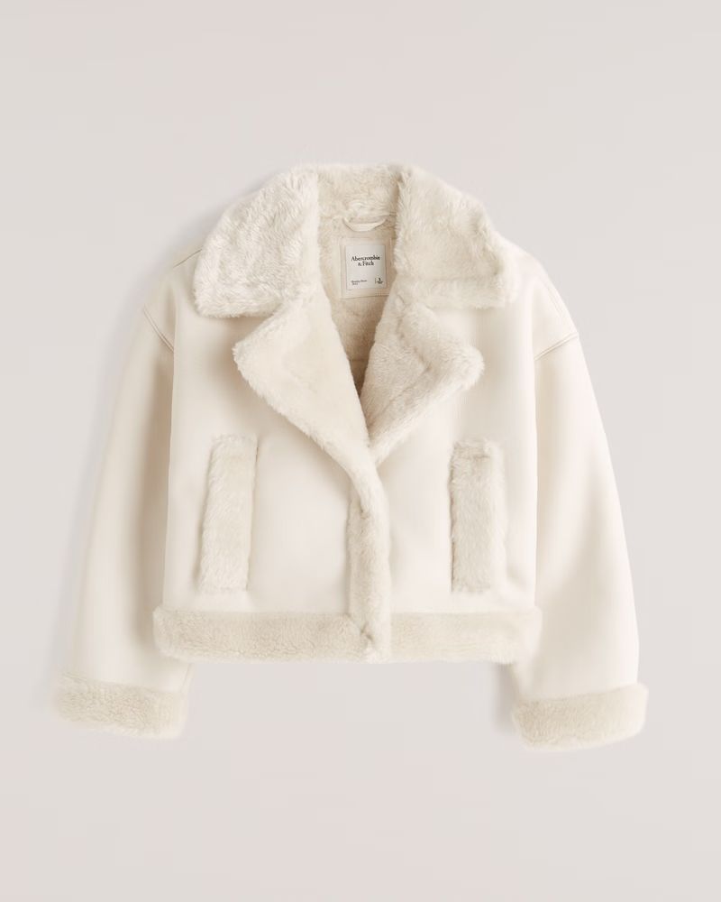 Oversized Short Sherpa-Lined Vegan Leather Coat | Abercrombie & Fitch (US)