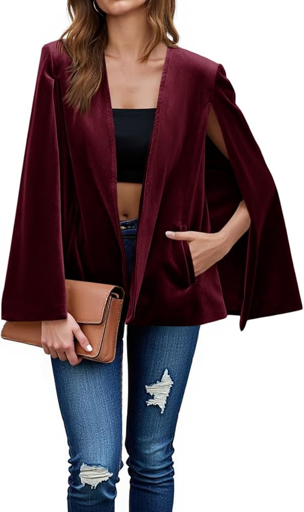 Cicy Bell Women's Velvet Cape Blazer Jackets Casual Split Long Sleeve Open Front Coat | Amazon (US)