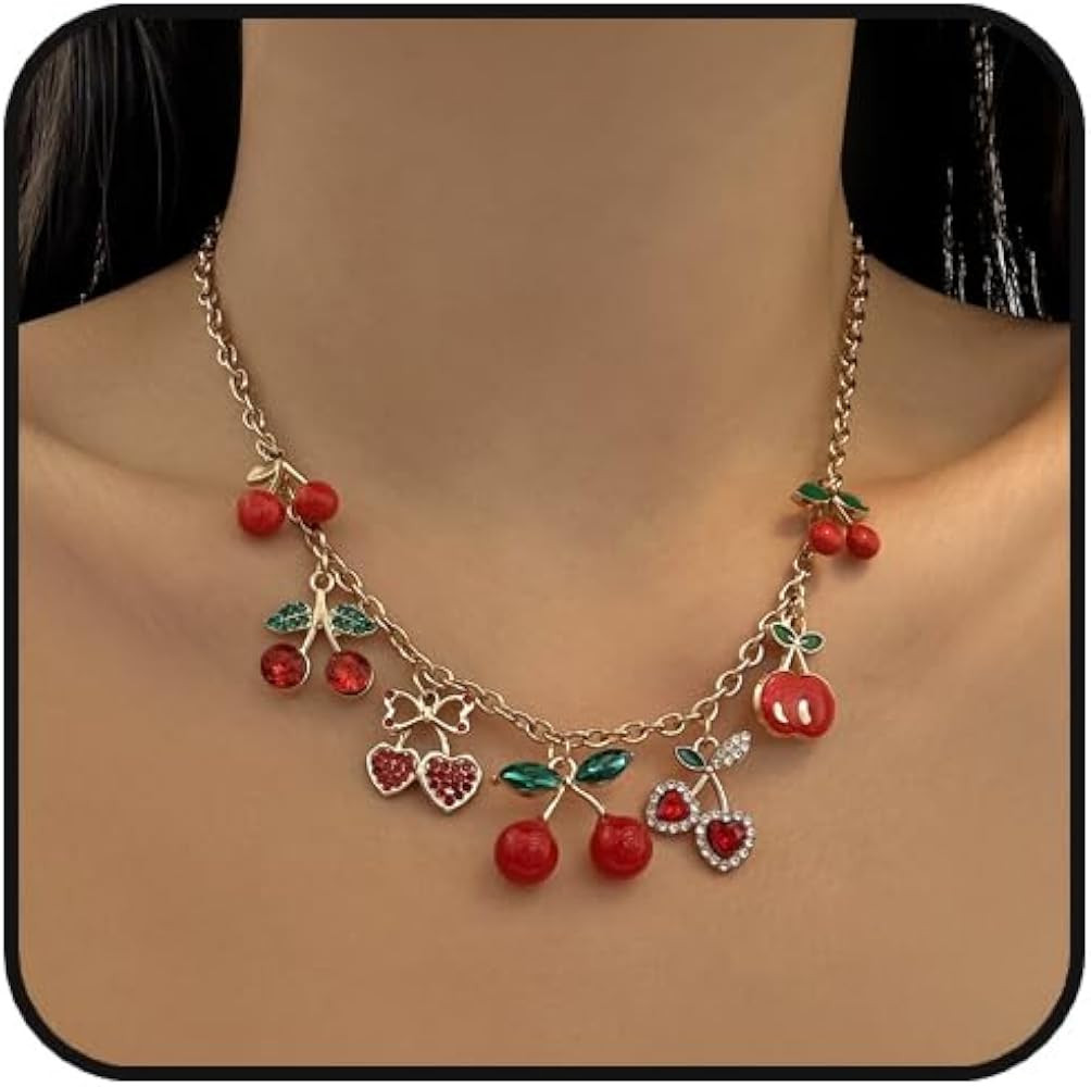 Cherry Necklace for Women Gold Western Cowgirl Cherry Heart Fruit Choker Charm Necklace Cute Bow ... | Amazon (US)