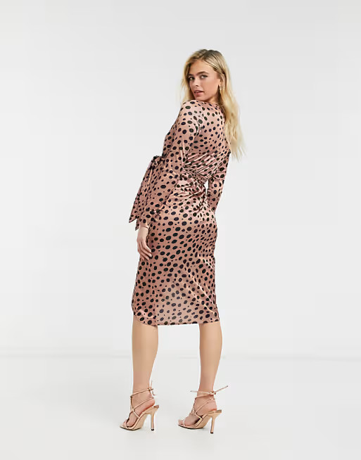 ASOS DESIGN Maternity satin wrap midi dress with belt detail in dotted print | ASOS (Global)